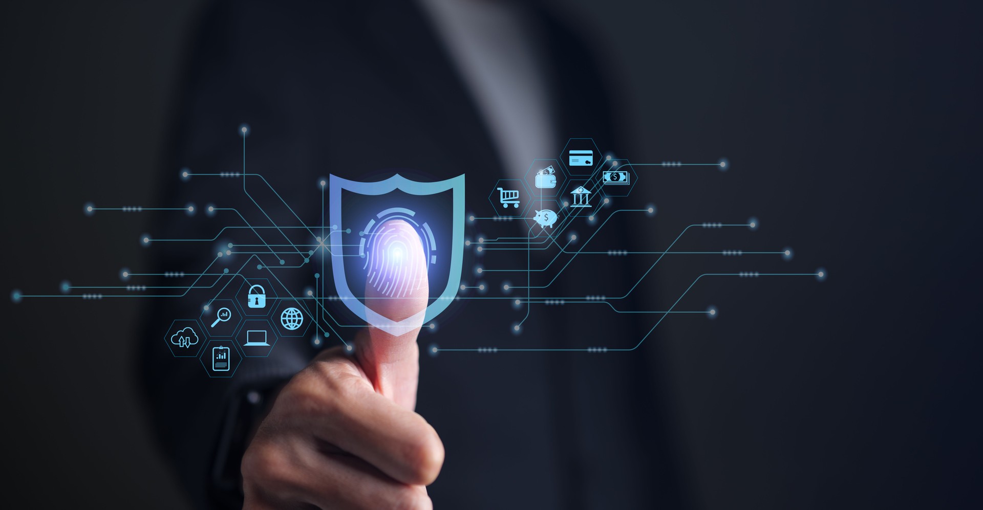 Cybersecurity and privacy concept. Businessman protecting personal data on fingerprint technology with virtual screen. internet network security technology, Access banking safely, cloud privacy,